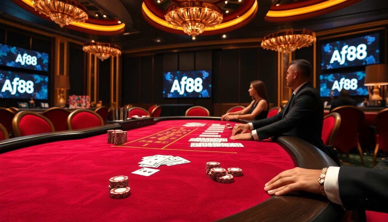 Players enjoying live dealer games at Af88, surrounded by vibrant poker chips and cards.