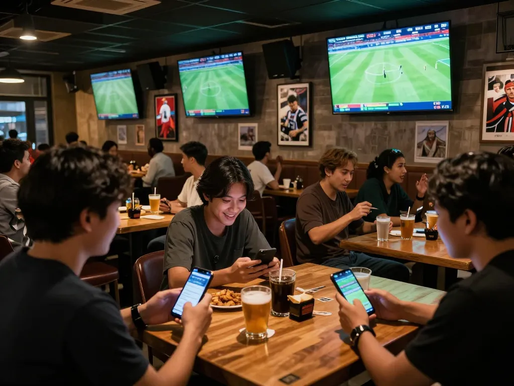 Excited bettors analyzing live matches for Taruhan Bola in a lively sports bar setting.