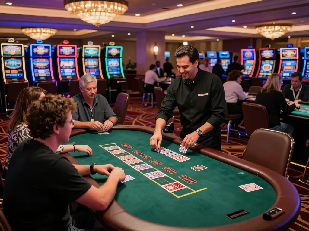 Players engaging in blackjack at a lively casino floor, highlighting nohu-focused strategies and excitement.