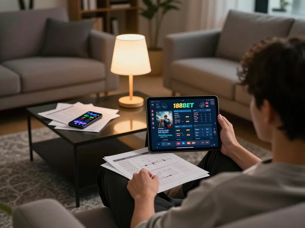 Person engaging with link vao 188bet on a tablet, showcasing an inviting home gaming atmosphere with strategic betting options displayed.