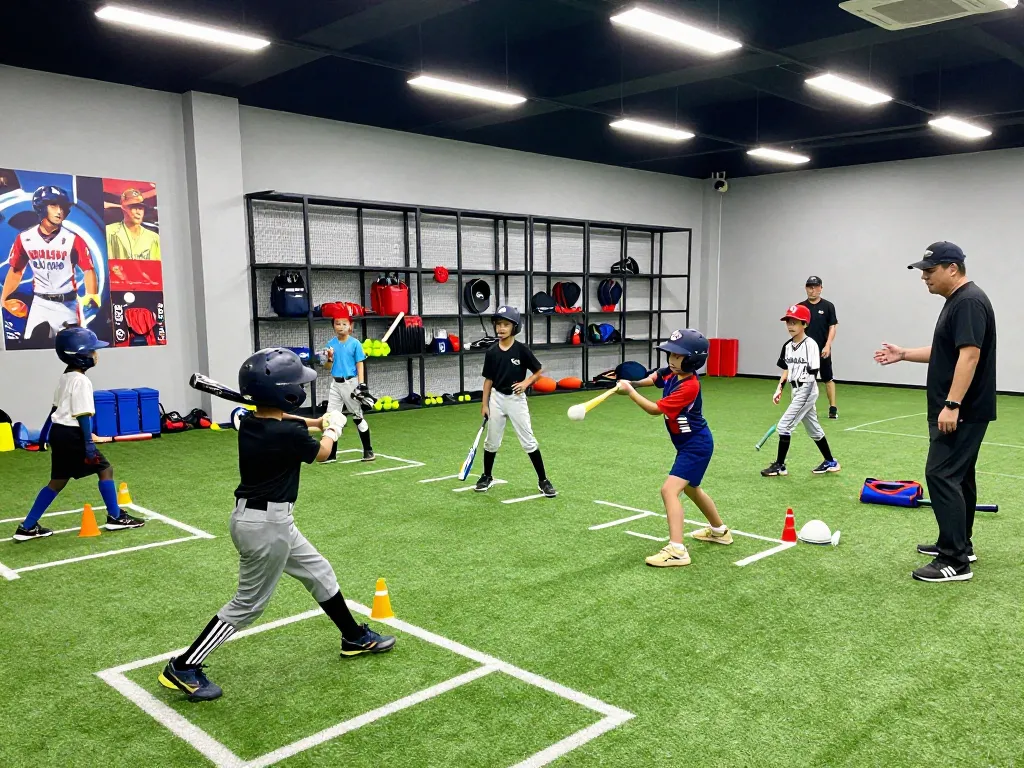 Young athletes at hitclub training in indoor batting cages, showcasing teamwork and skill development.