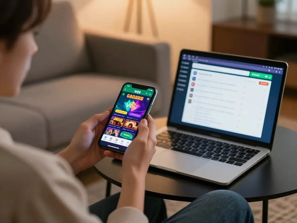 Engaging in online gaming with link w88 on a smartphone in a modern living room.