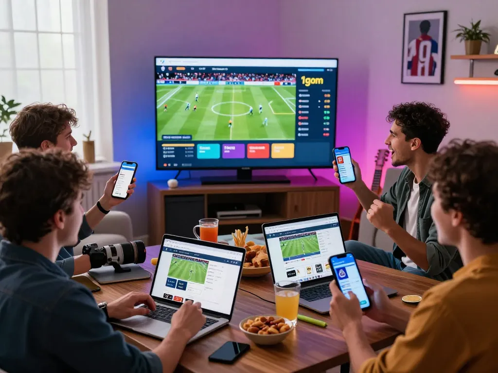 Friends enjoying a sports betting experience on 1gom platform, live football matches displayed.