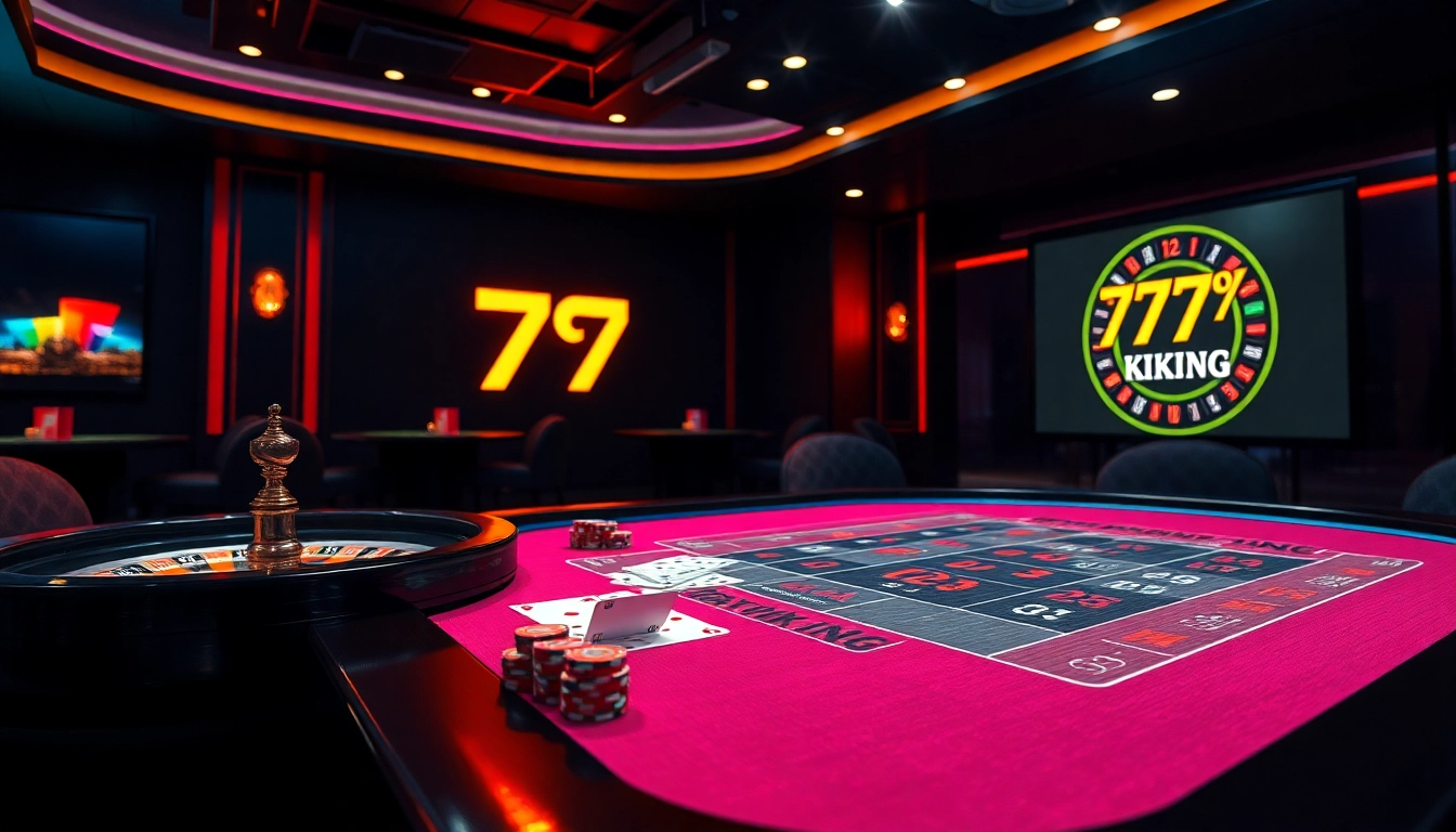Experience the thrill of betting at 79KING with vibrant cards, chips, and a luxurious casino setting.