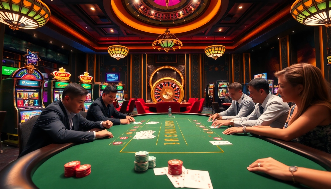 Players enjoying a thrilling poker game at a luxury casino scene with elements of lc88.com.