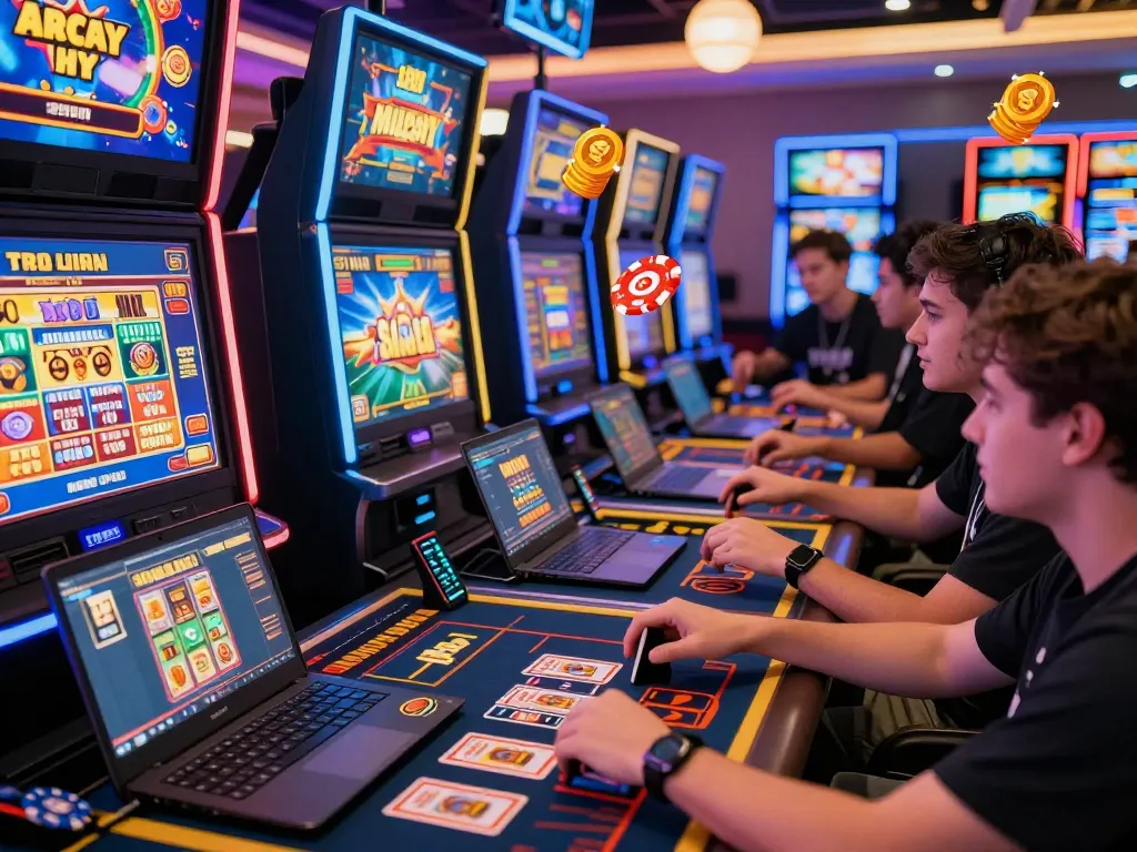 Enthusiastic players enjoying online casino games at 789club, vibrant graphics and energetic atmosphere.