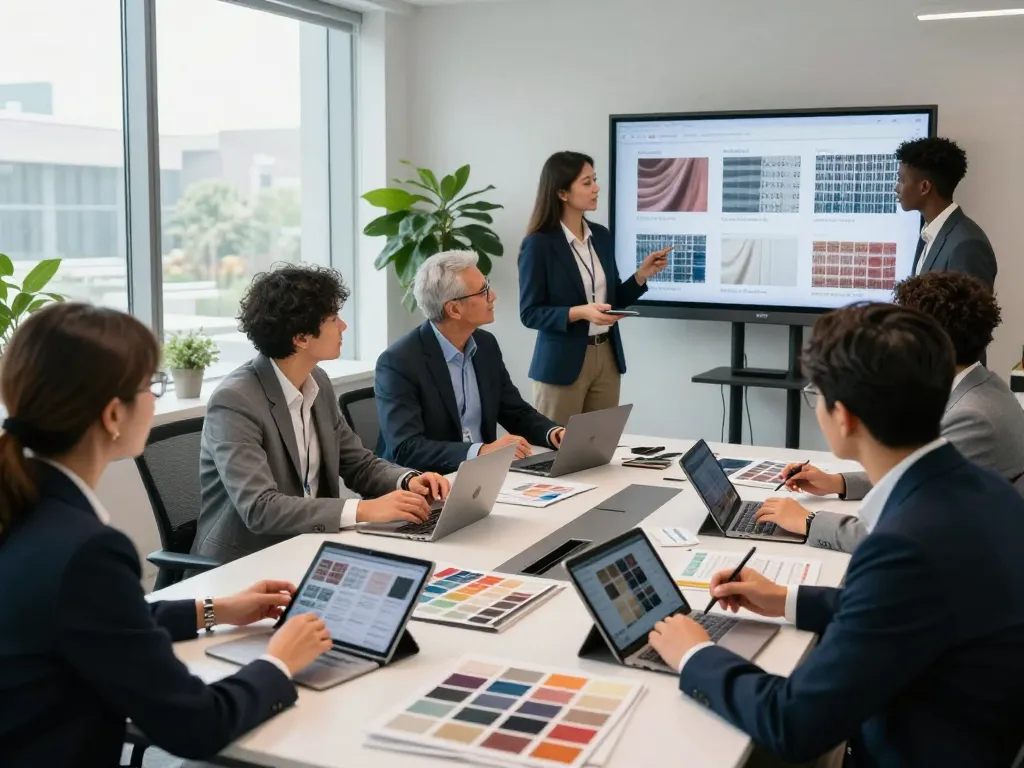 Team at Sunwin collaborating on innovative textile designs in a modern office