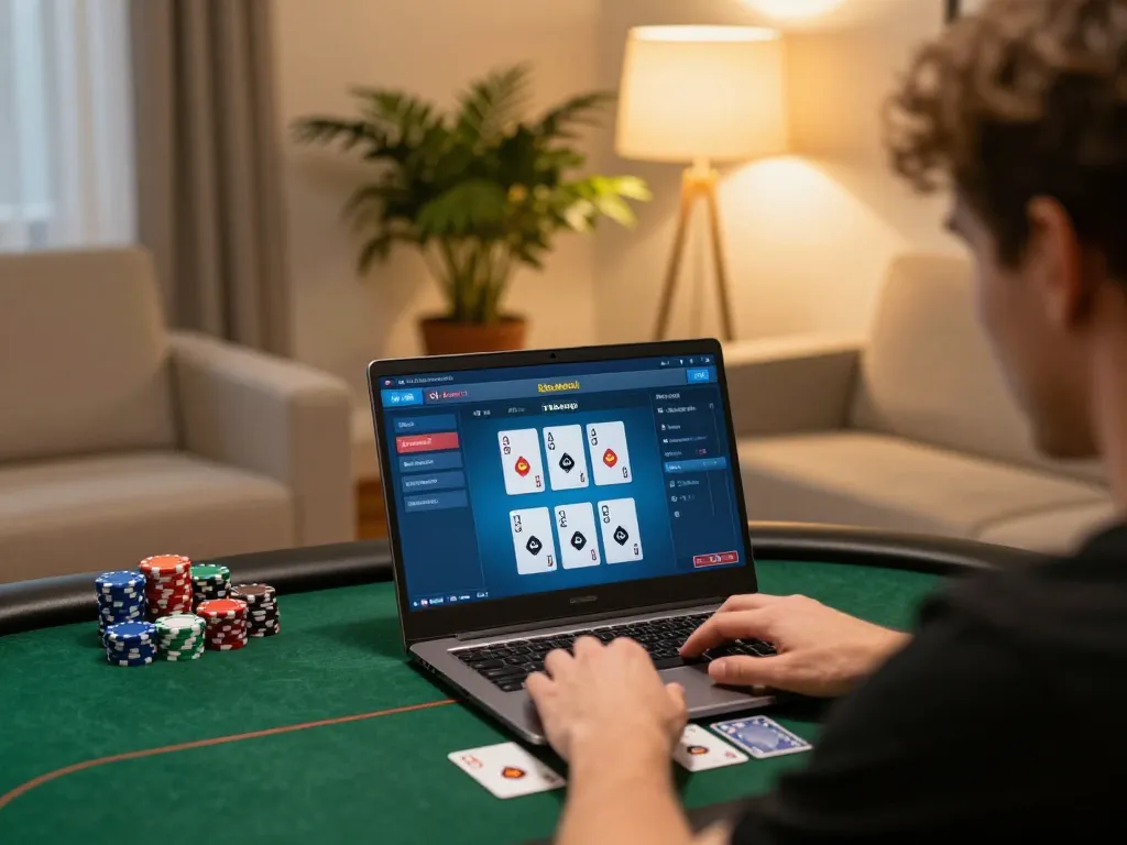 Player enjoys online poker session at home, focusing on strategy with kk44 interface.