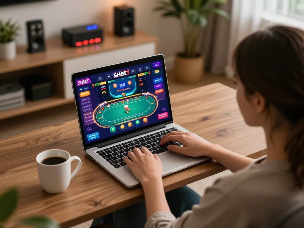 Engaging in SHBET online poker gameplay on a laptop in a cozy home setting.