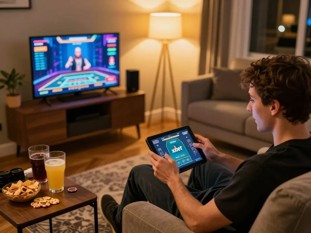 Xibet player engaged in a live dealer game on tablet, showcasing strategic online betting experience.
