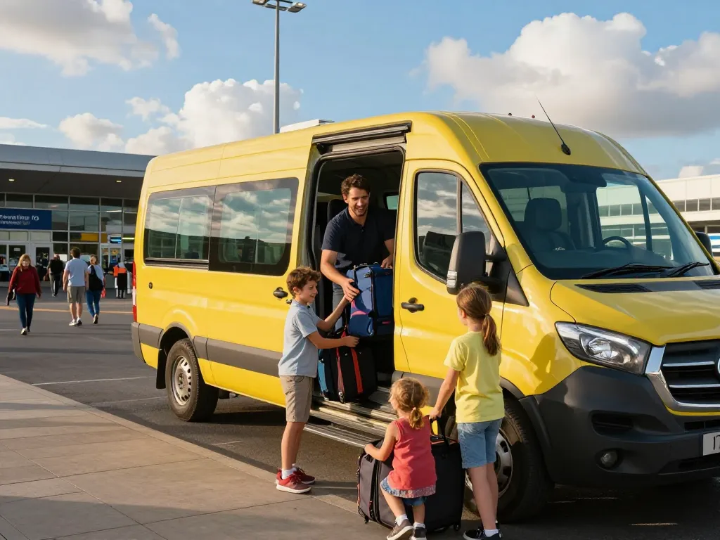 Family loading luggage into a vibrant minibus for airport transfer in Leeds.