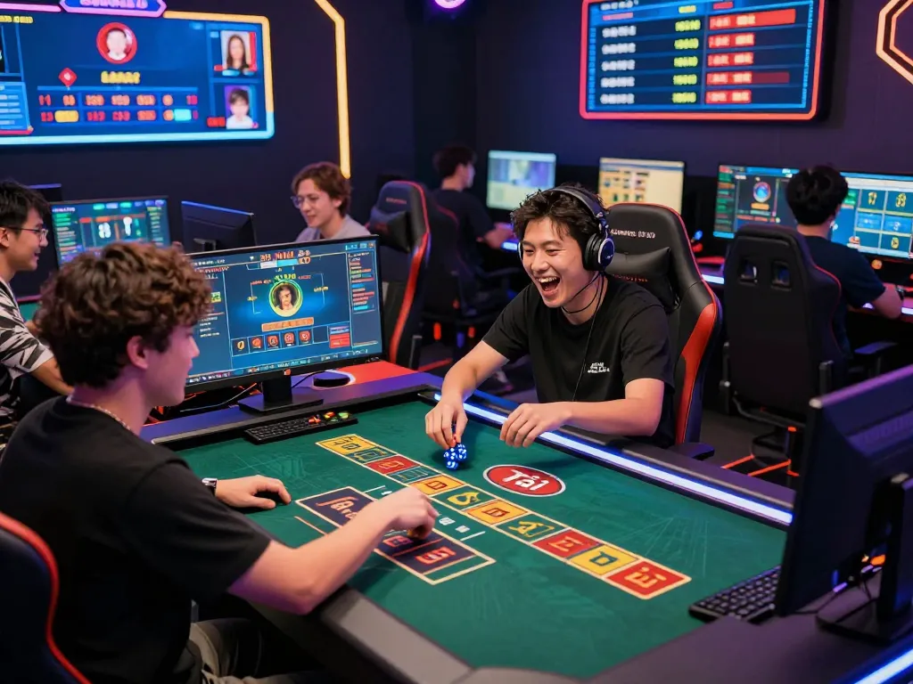Players enjoying a vibrant tài xỉu online game, placing bets and cheering as dice roll on screen.