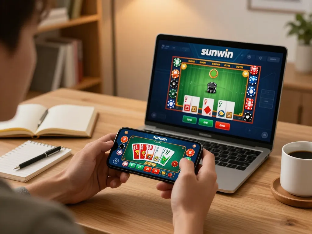 Engaging with the sunwin casino app on smartphone during a relaxed home gaming session