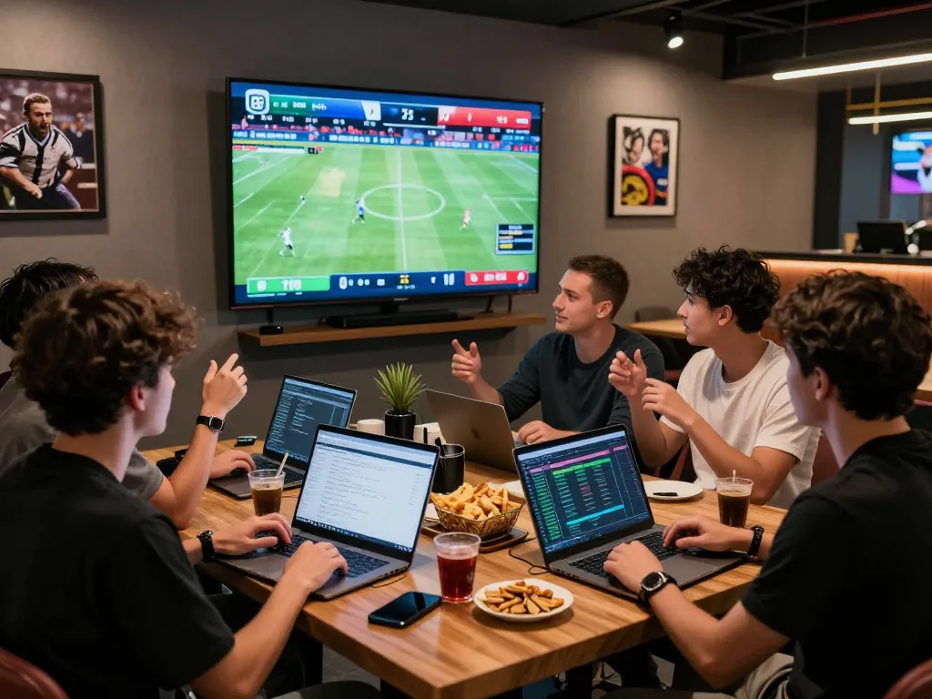 Friends analyzing tỷ lệ kèo nhà cái in a lively sports betting lounge setting.