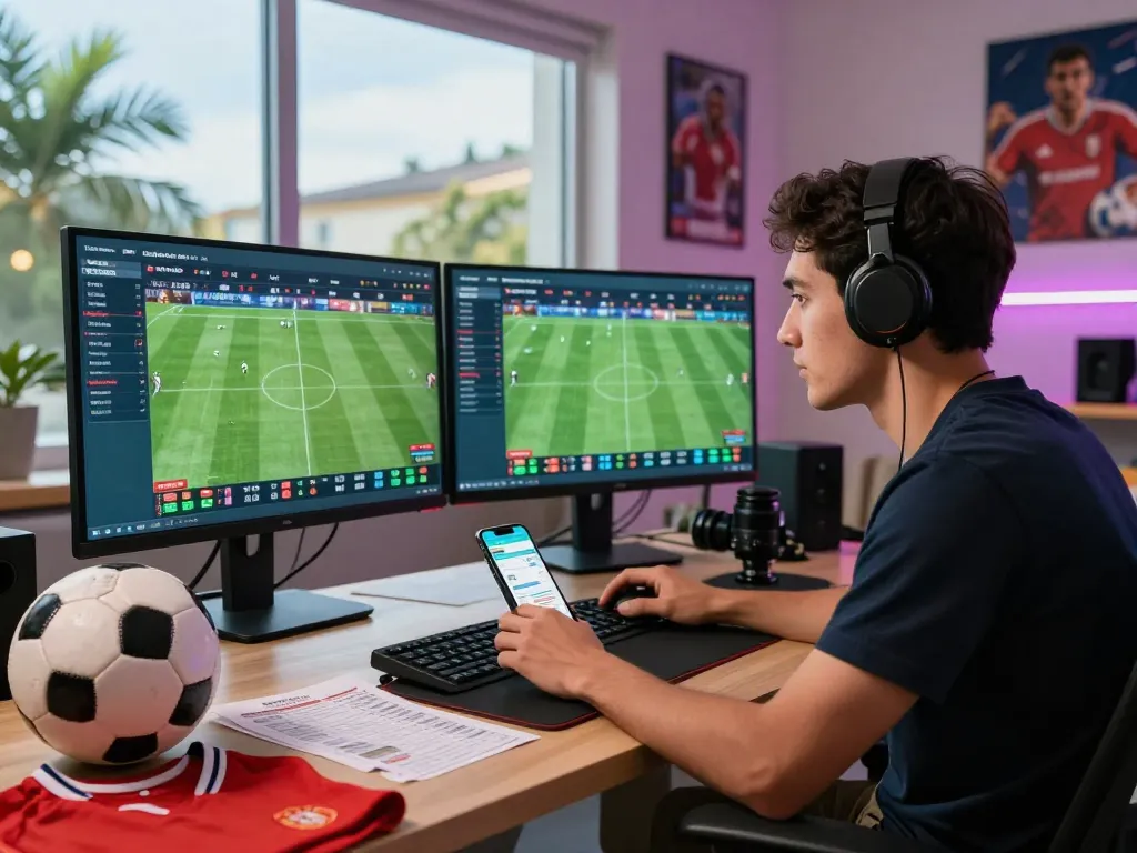 Active bettor analyzing live football matches for kèo nhà cái in a vibrant home office with multiple screens.