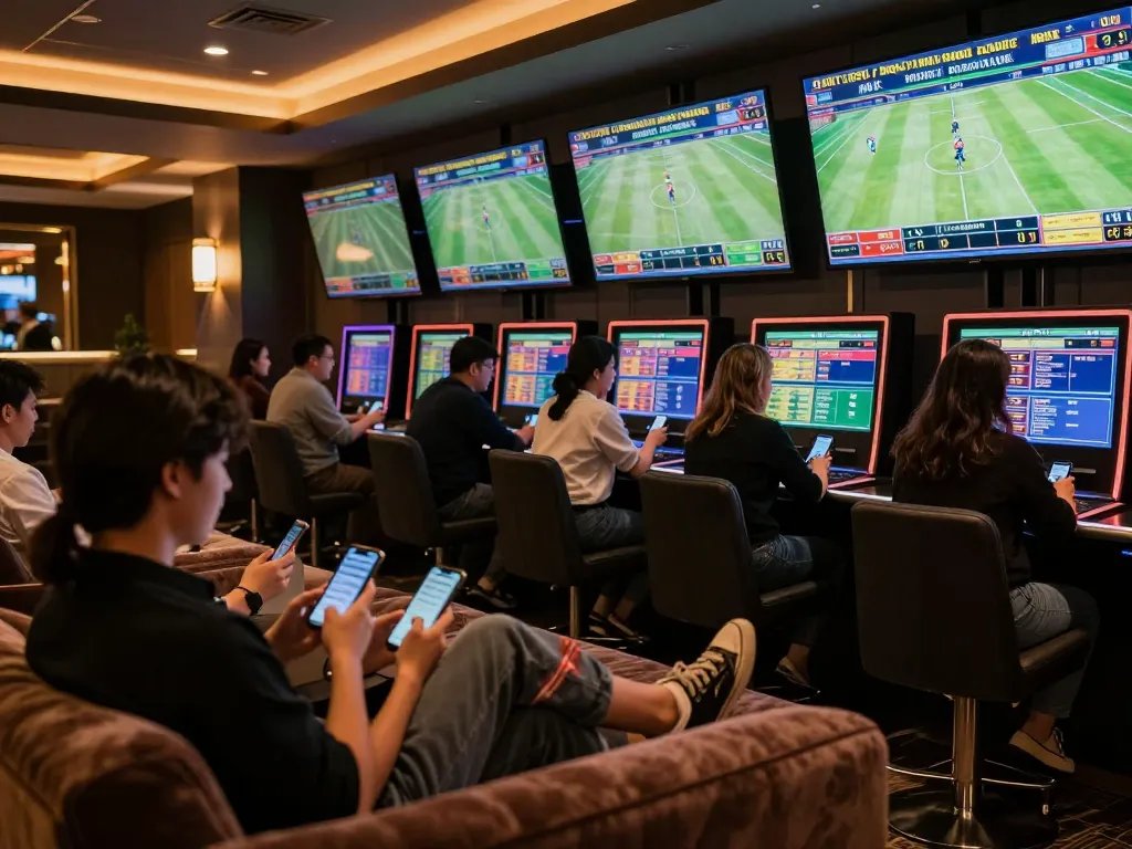 Engaged bettors using the 12bet link on smartphones in a vibrant sports betting lounge.