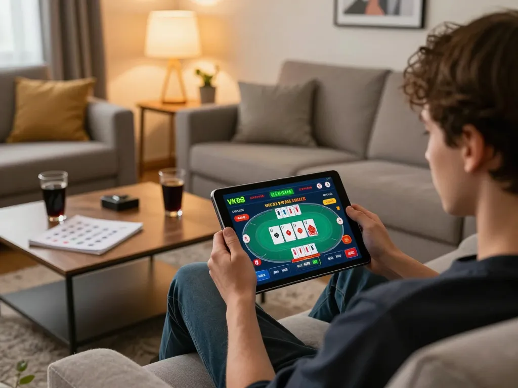 Person engaging with VK88's online casino via tablet in a cozy gaming setup