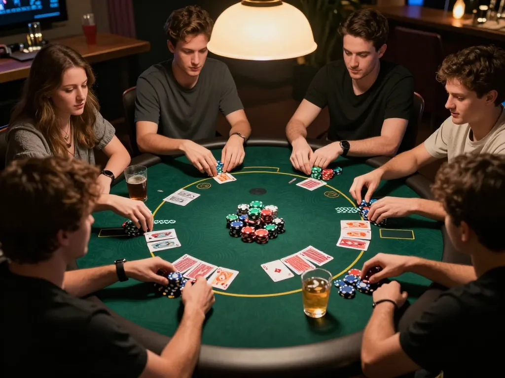 Kuwin players strategizing at a lively poker game, showcasing camaraderie and excitement in gambling.