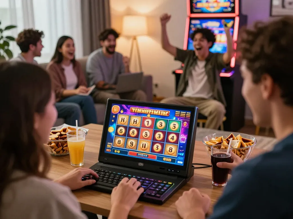 Players enjoying an exciting moment with tg88 online slot machine, celebrating wins in a vibrant home setting.