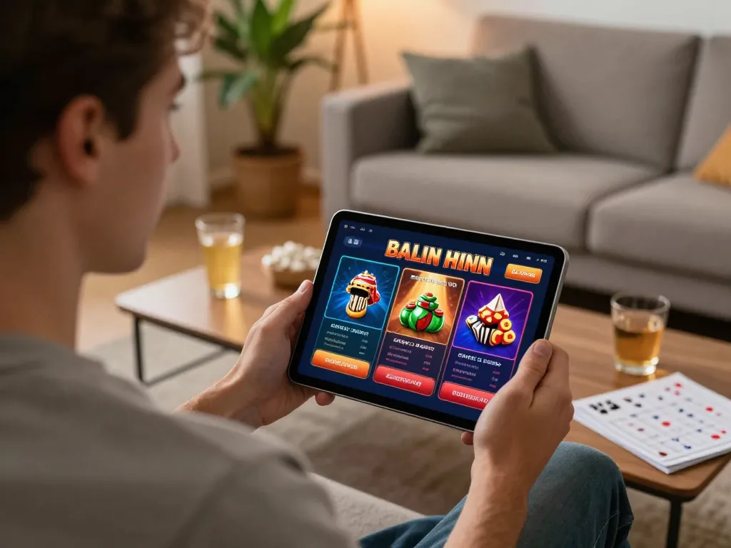Player engaging with the thabete online casino app on a tablet in a cozy home setting.