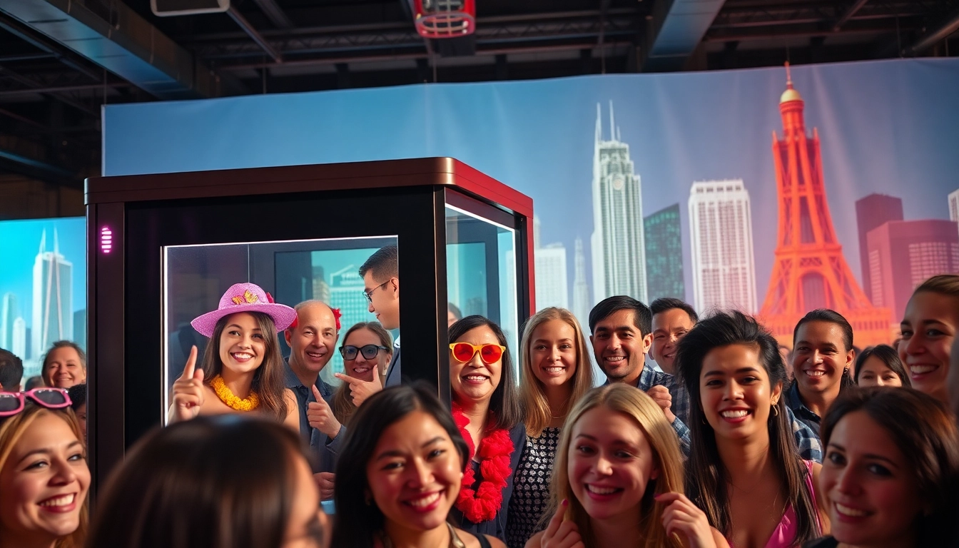 Exciting photo booth rental chicago with colorful props and happy guests at an event.