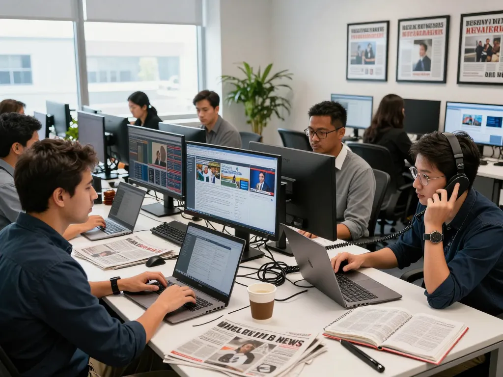 Professional journalists in an energetic newsroom collaborating on media coverage stories with laptops and live news feeds.