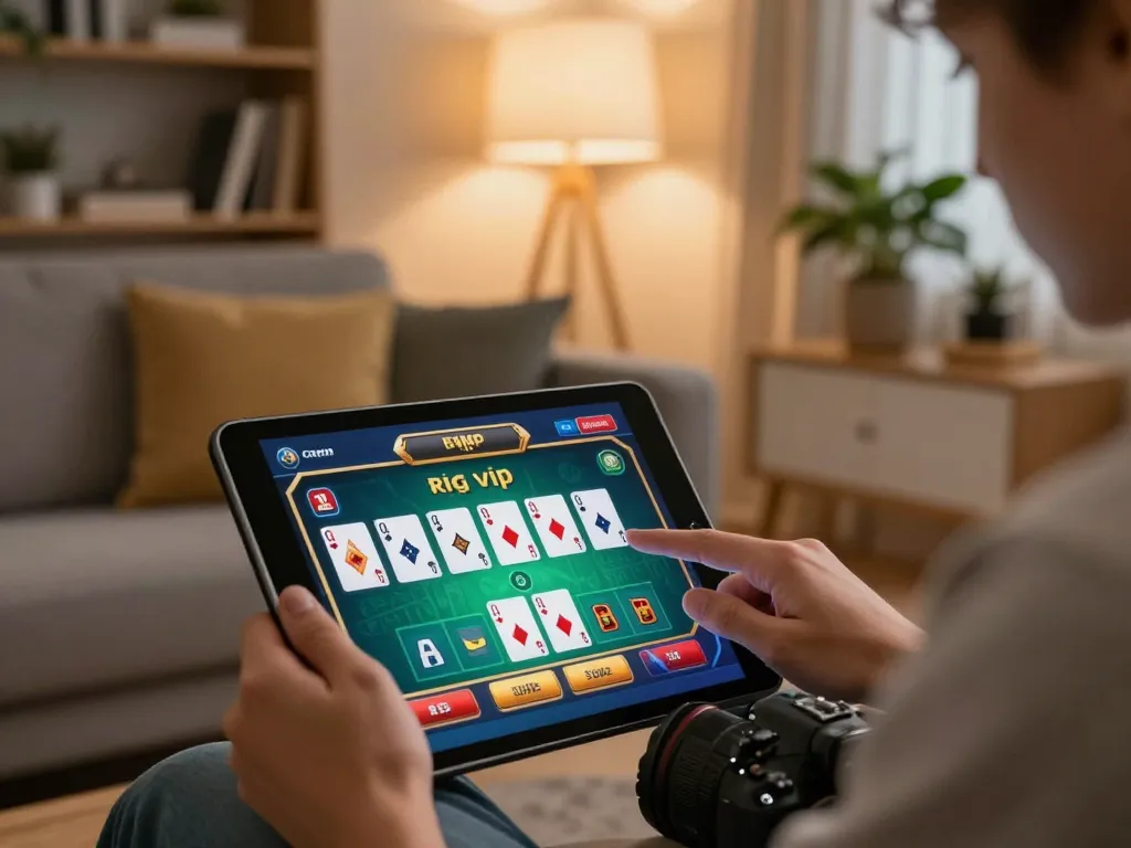 Player engaging with rik vip casino app on tablet in a cozy home setting