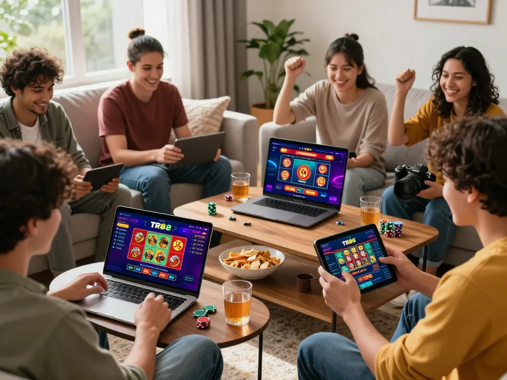 Engaging TR88 online gaming experience with players enjoying dynamic betting activities in a modern living room setting.