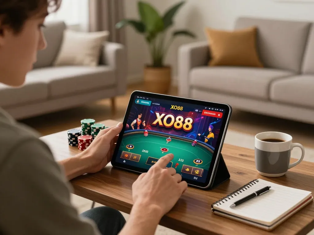 Player interacting with the XO88 casino app, enjoying responsible gaming at home with poker chips and strategy notes.