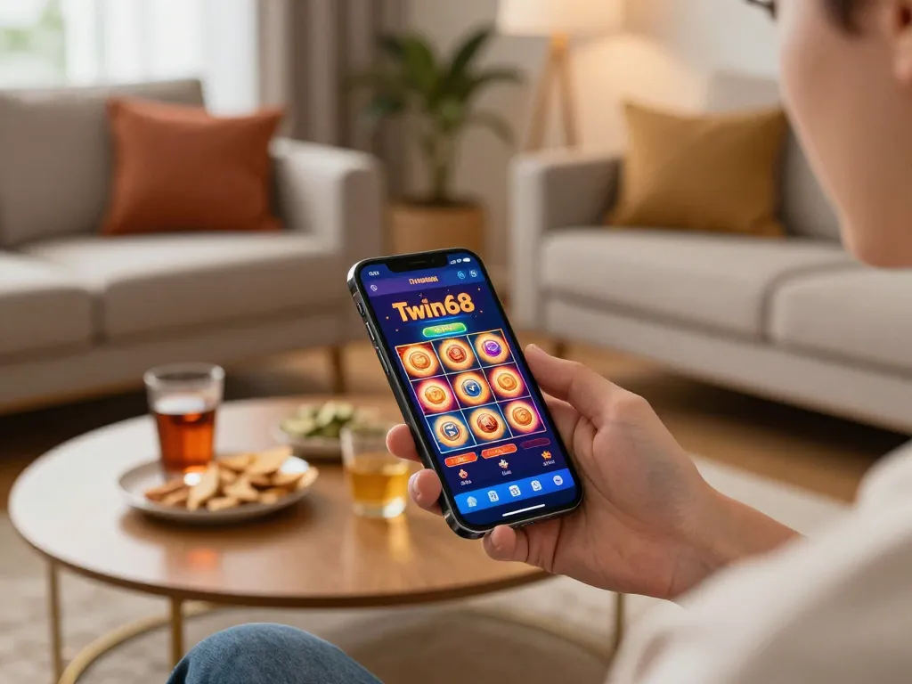 Twin68 player enjoying festive gaming on smartphone during Tet with vibrant slot animations.