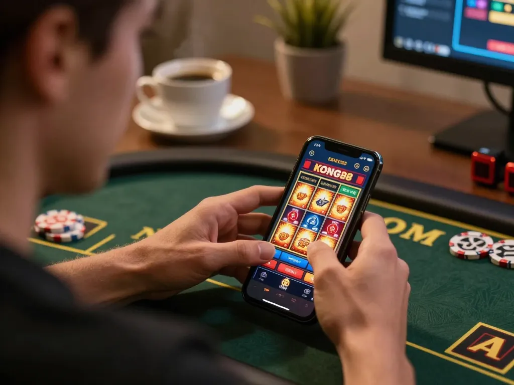 KONG88 player placing bets on mobile app during a cozy home gaming session