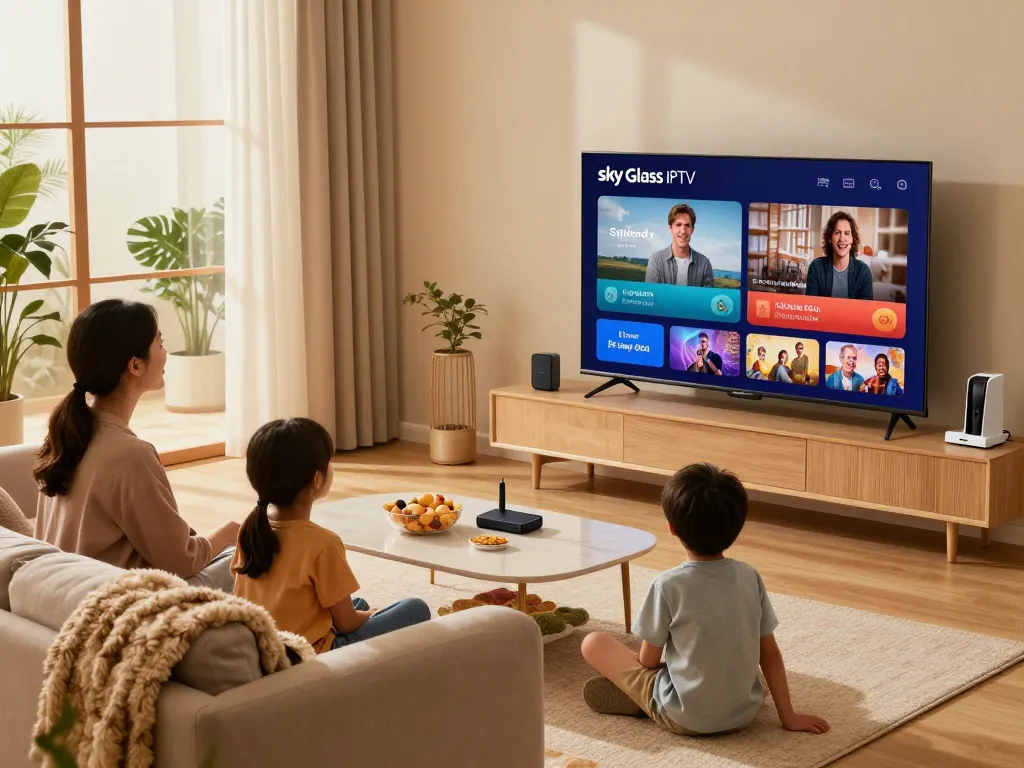 Family enjoying Sky Glass IPTV Subscription on a smart TV in a cozy living room.