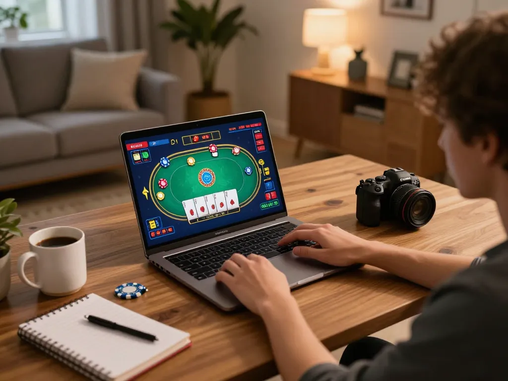 Experience FABET online gaming with engaging poker action on a cozy home setup.