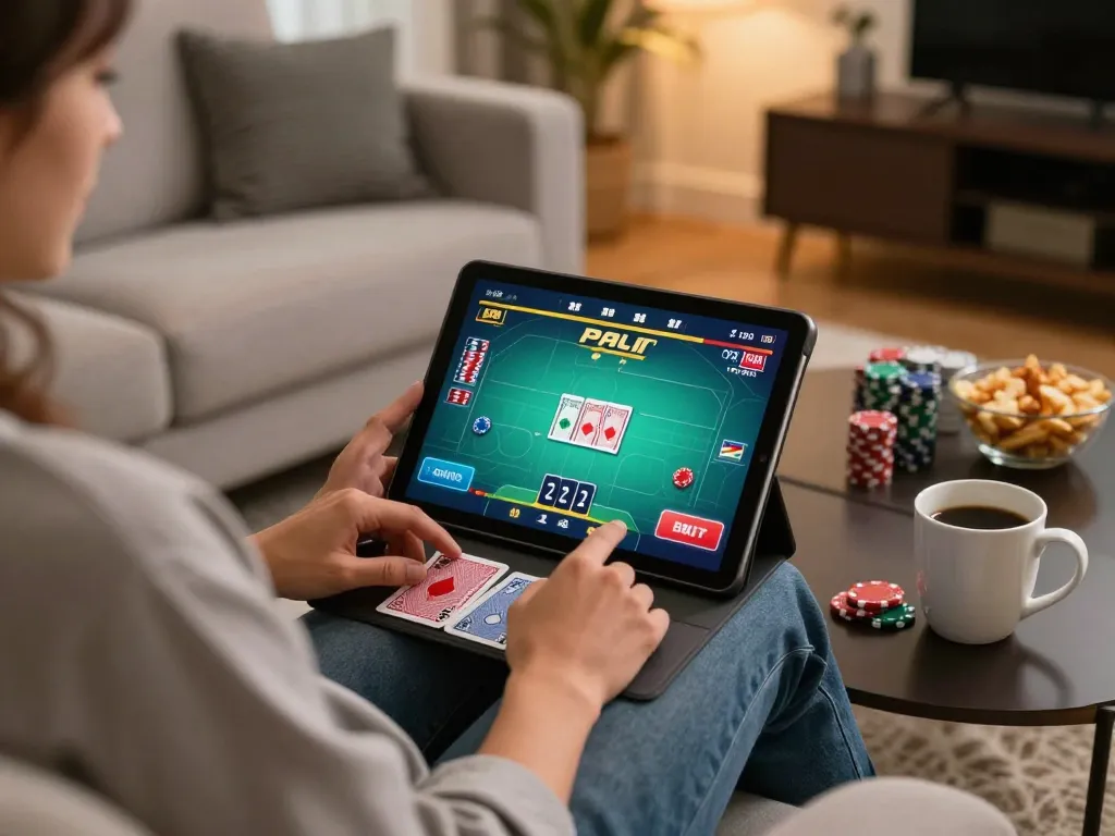 Engaging in online poker on a tablet at home, exploring 13win's gaming features.