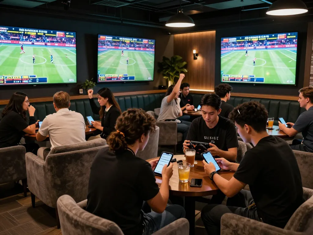 Engaged bettors placing bets on va88 sports events in a vibrant lounge setting.