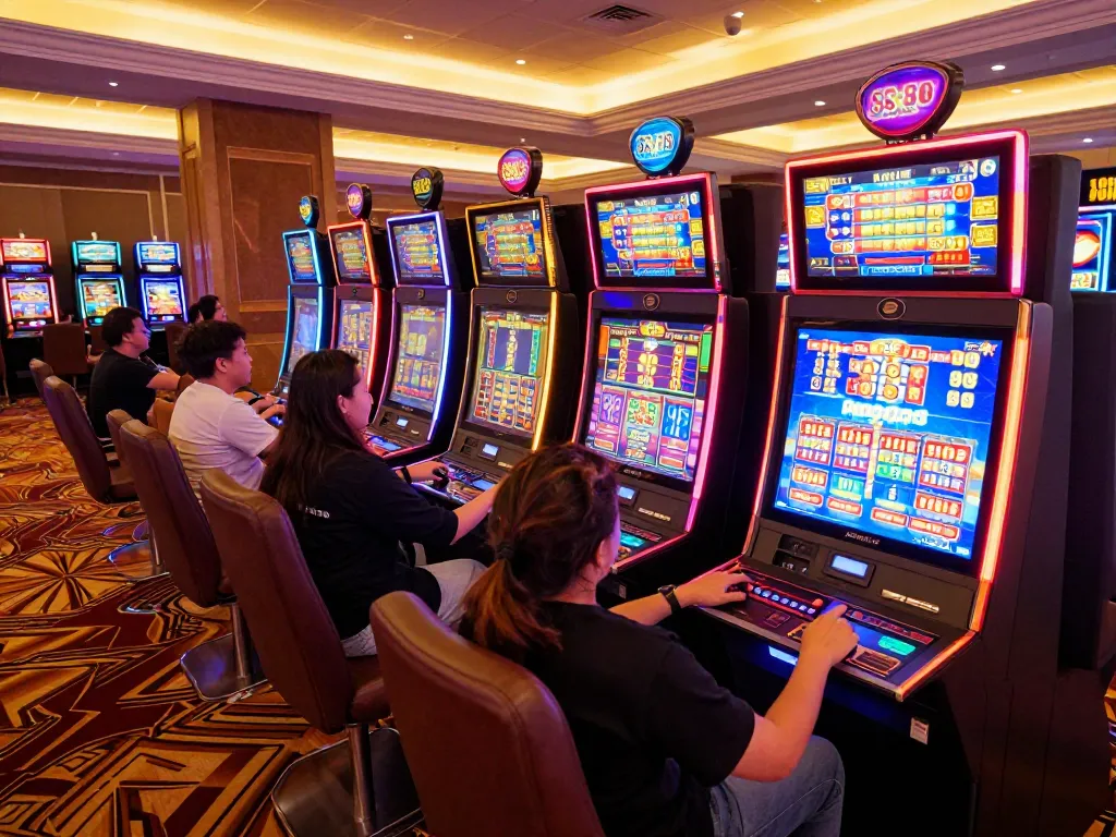 Players engaging with vibrant SC88 slot machines in a lively casino environment