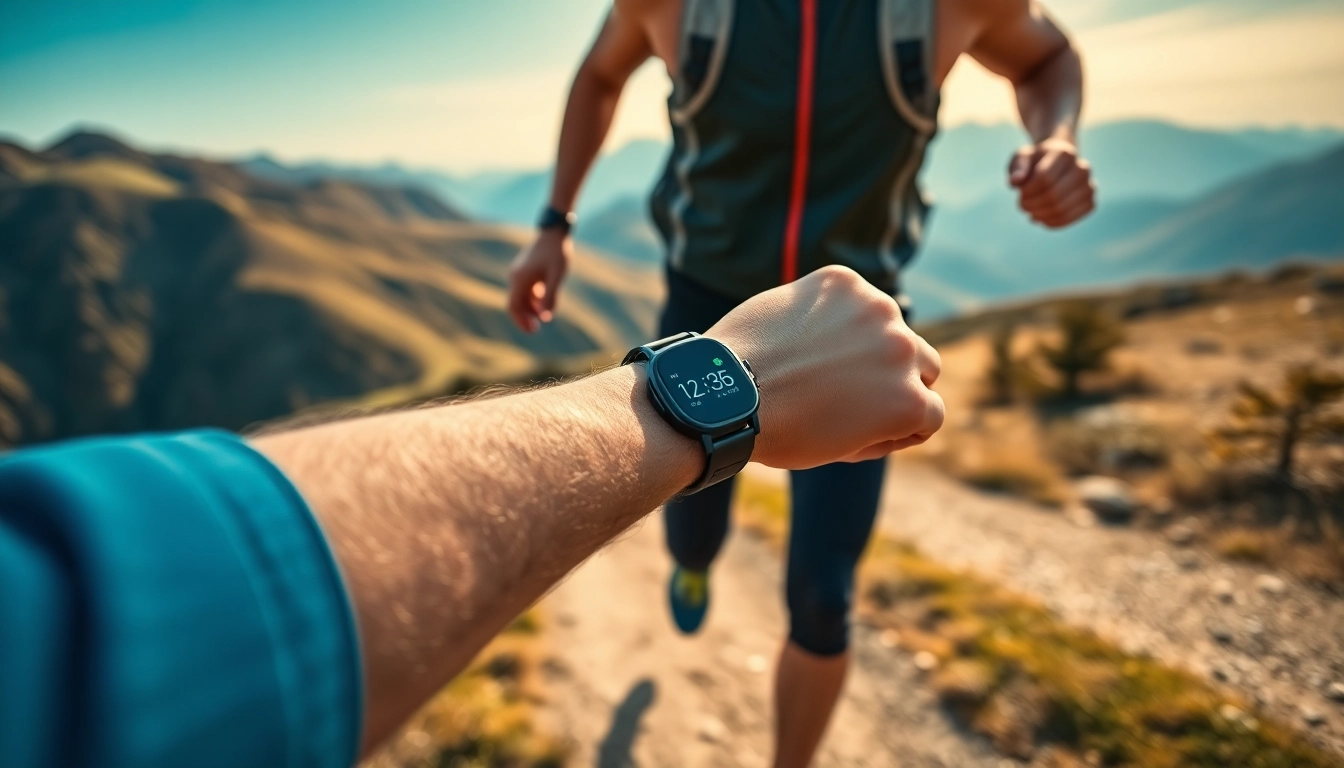 Athlete actively tracking performance with a Coros smartwatch in a stunning outdoor environment.