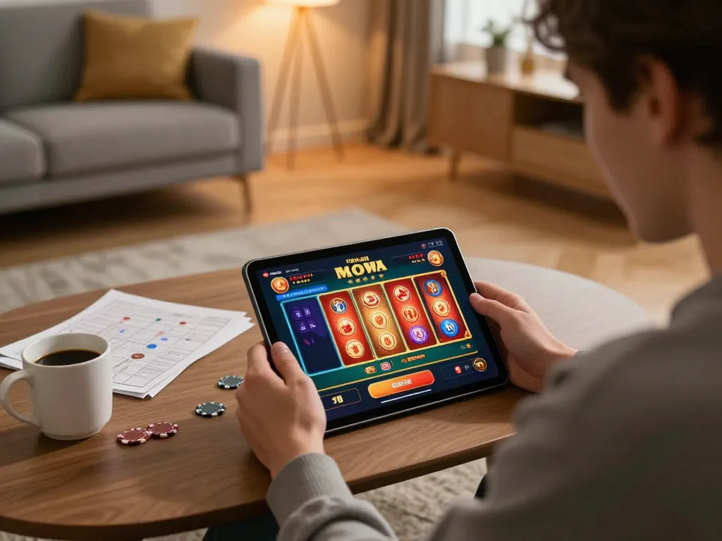 Player enjoying online casino games on ALO8 tablet, vibrant gaming setup with warm atmosphere