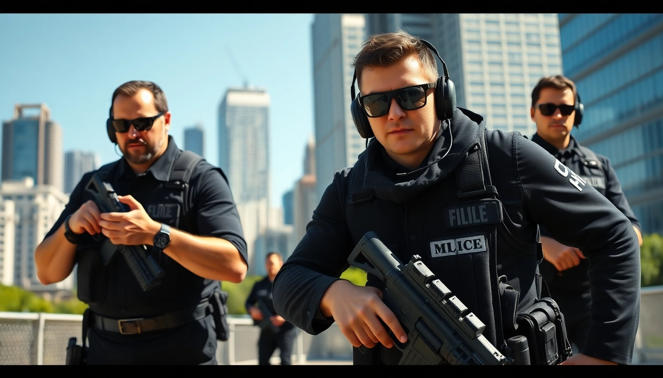 Trained individuals in the Professional Body Guard Program showcasing skills in a dynamic urban environment.