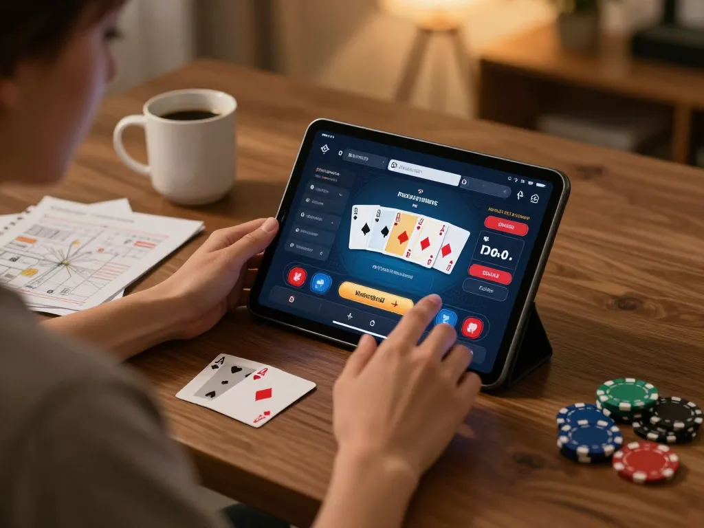 Player engaged in Topzo poker game with tablet, showcasing a cozy home gambling atmosphere