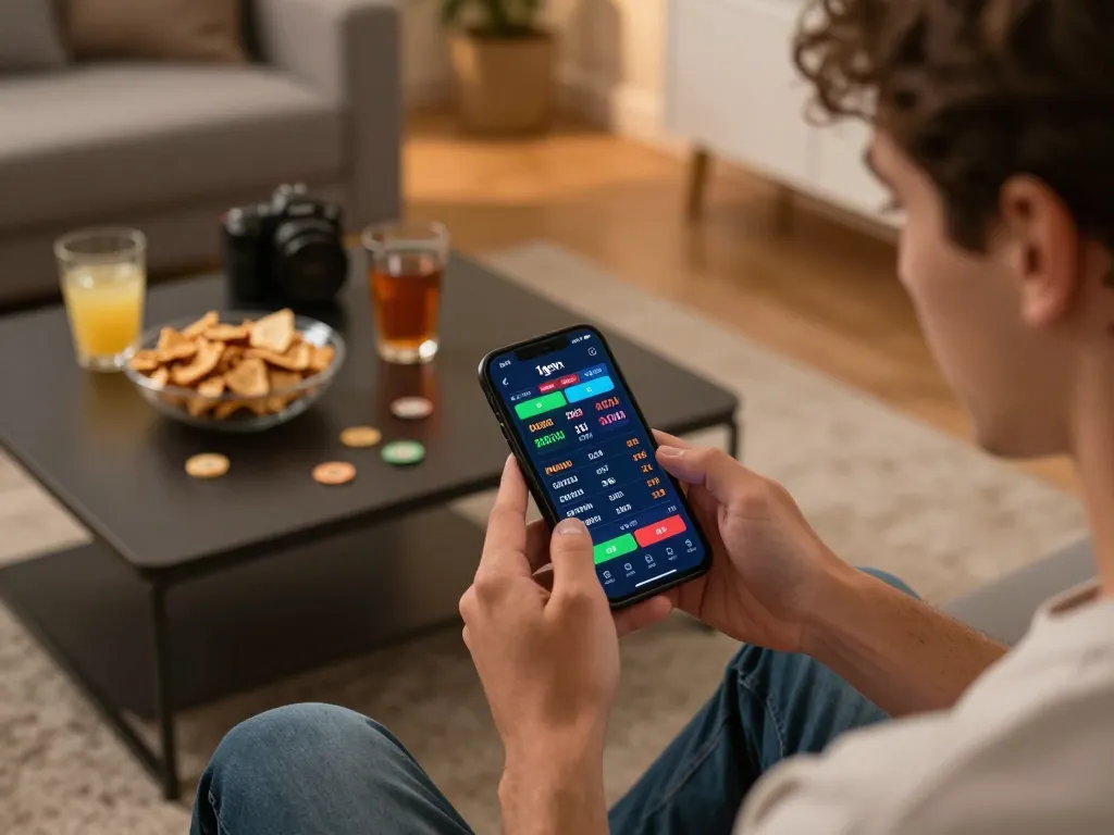 Engaging experience of user placing a live bet on the 1gom app in a cozy setting.