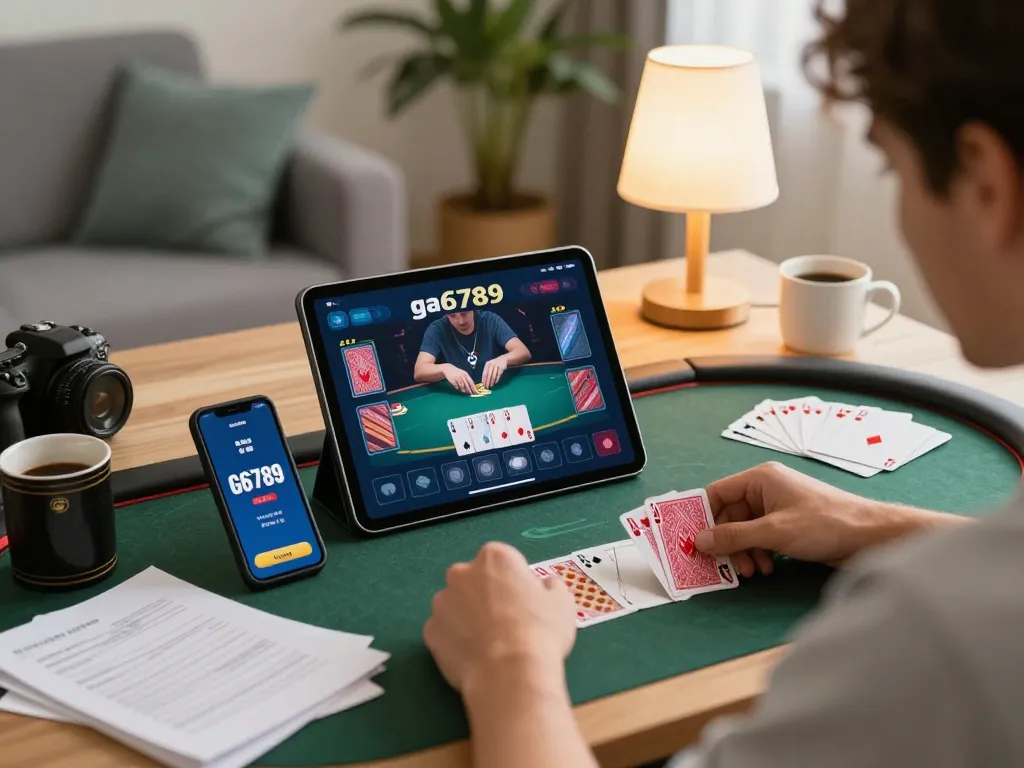 Player engaging with ga6789 online poker on tablet, surrounded by strategy notes and warm home lighting