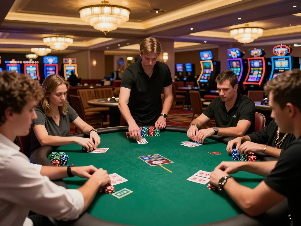 Players strategizing during a high-stakes game at max88 poker table in an upscale casino atmosphere