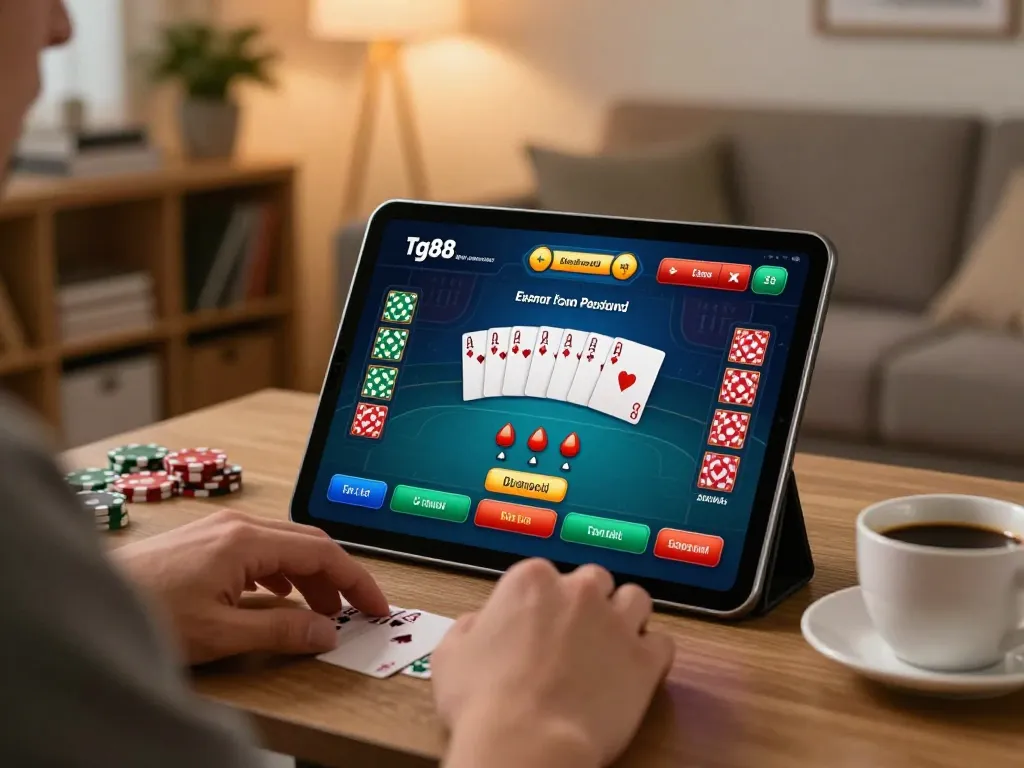 Engaging in poker gameplay on tg88 platform with a cozy home atmosphere.