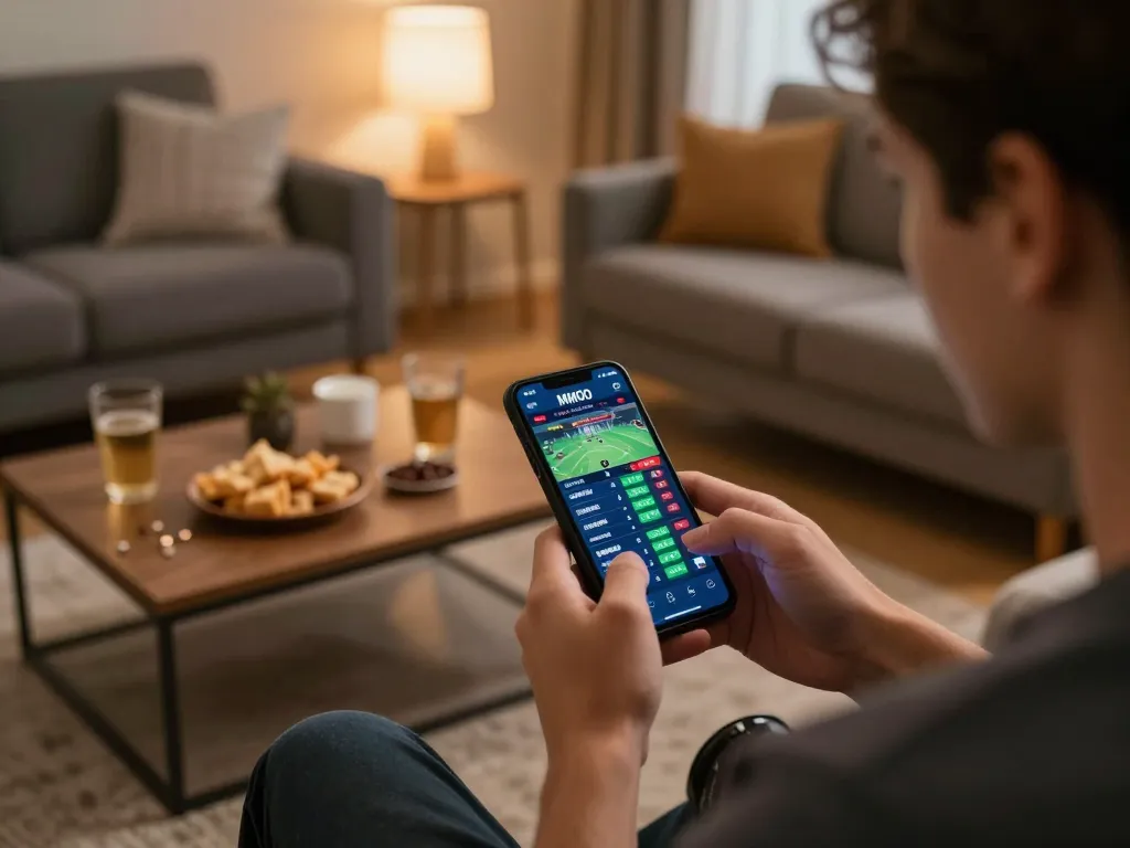 Engaging in live sports betting through the MMOO app on smartphone in a cozy home setting.