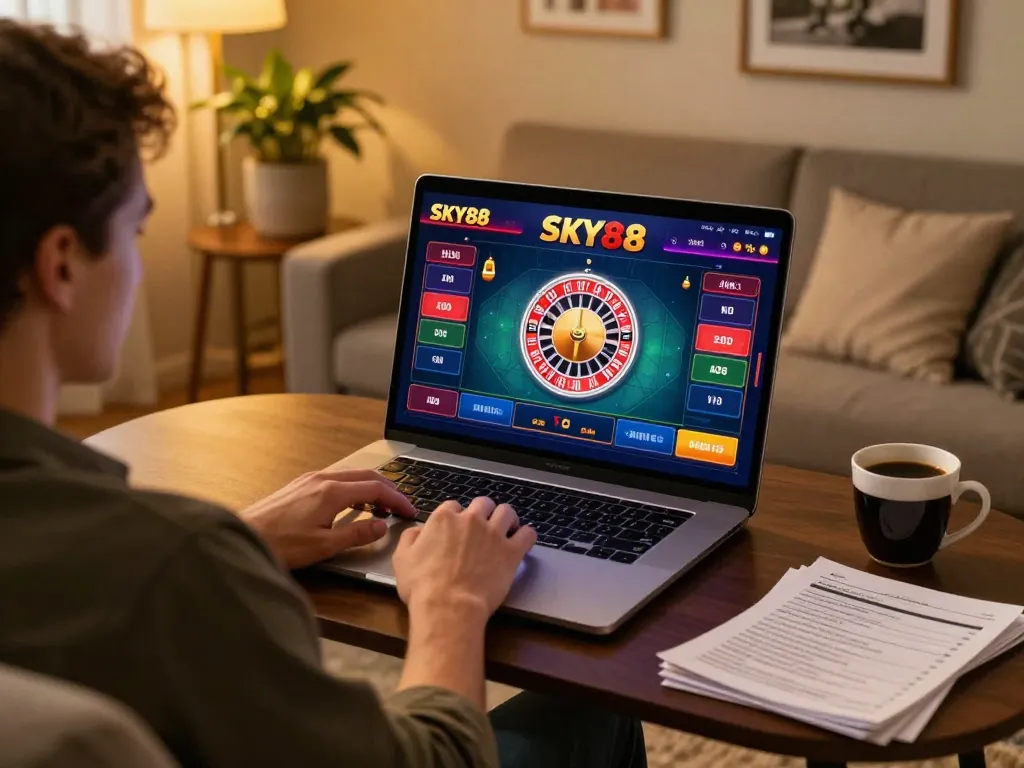 SKY88 player engaging in roulette on a laptop in a cozy home setting with strategy notes.