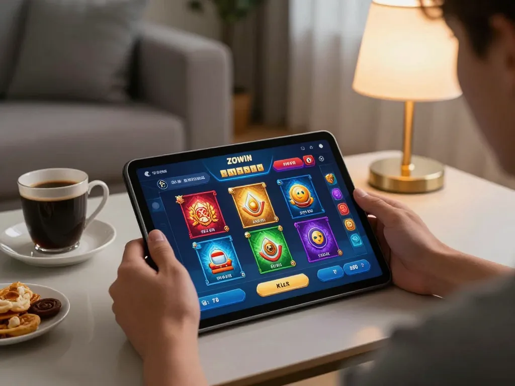 ZOWIN mobile gaming experience with tablet interface showcasing colorful games in a cozy home setting