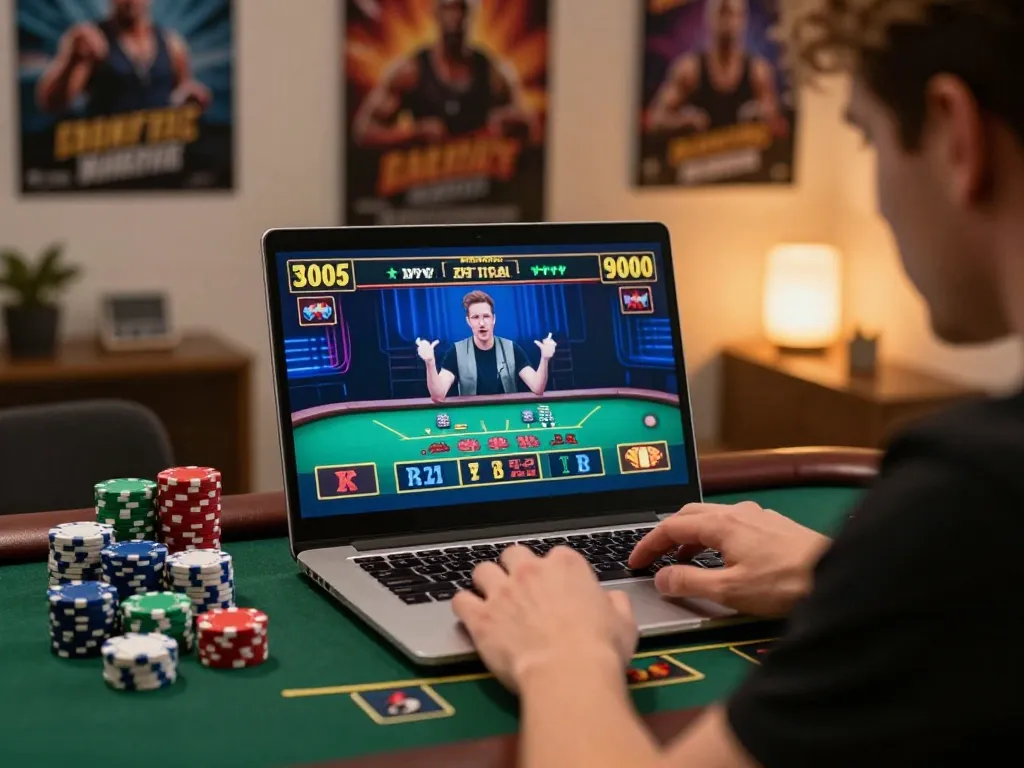 TR88 player engaged in live dealer blackjack at home, showcasing chips and strategic focus.