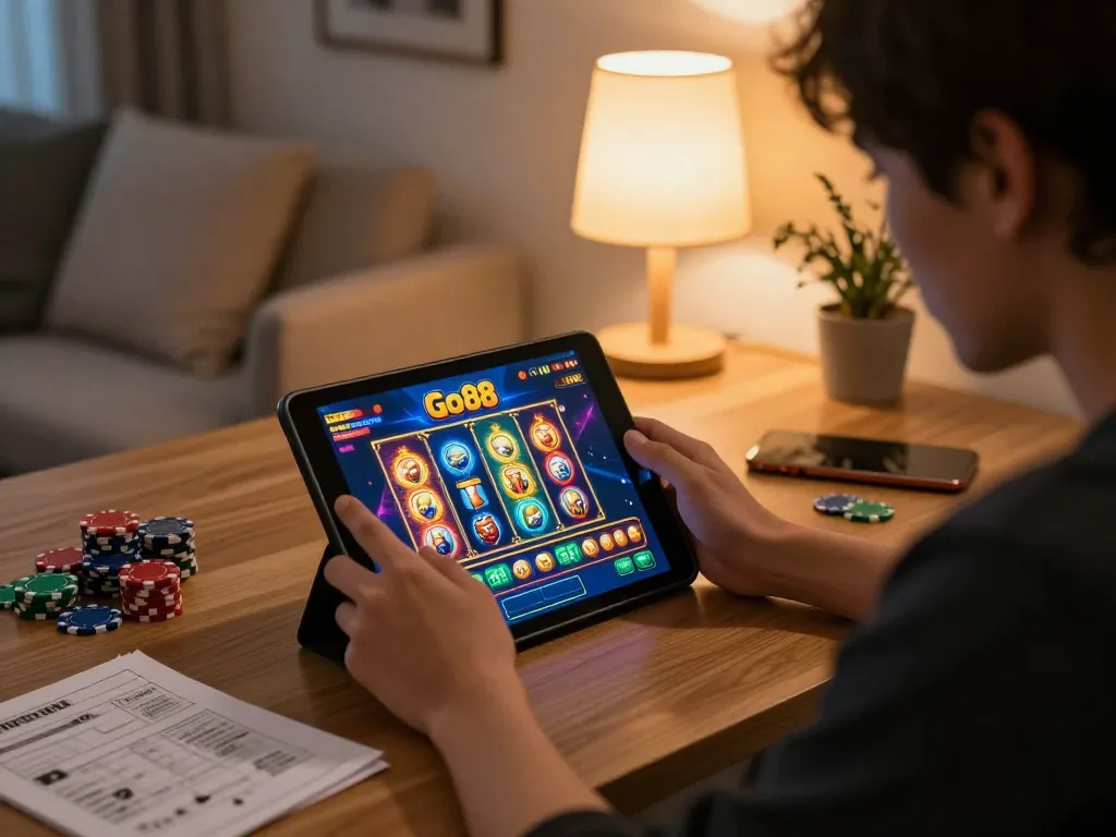 Engaging in a Go88 slots game on a tablet in a cozy home setting.