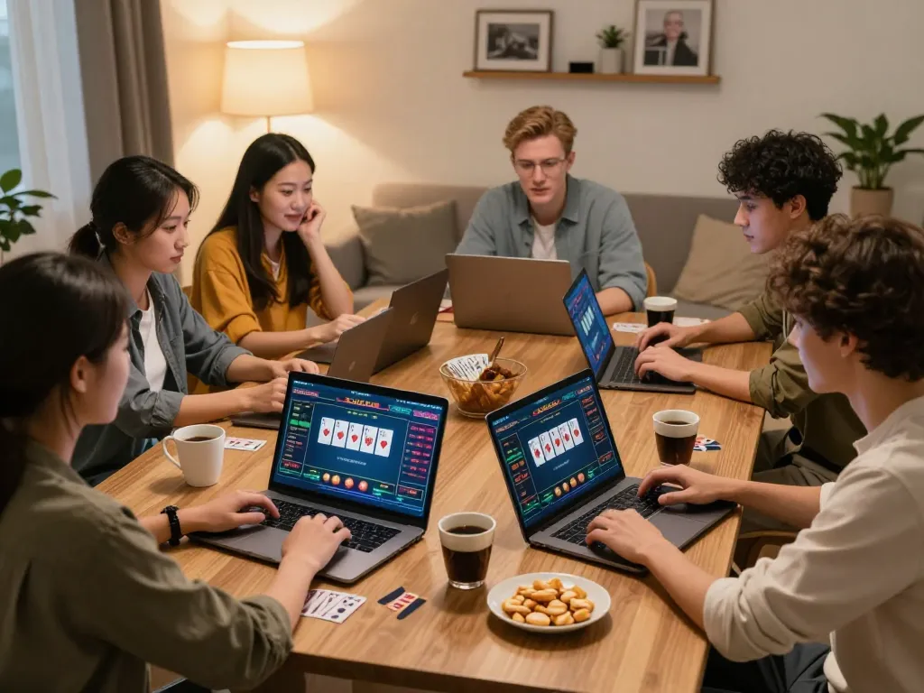 Dacsandatphanrang players enjoying a friendly online poker game with laptops and warm lighting